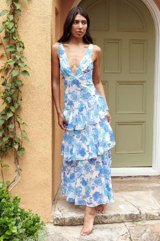 Veda Strappy Back Ruffle Midi Dress Floral Blue