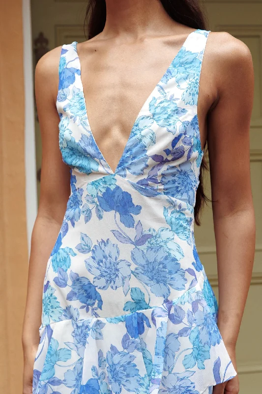 Veda Strappy Back Ruffle Midi Dress Floral Blue