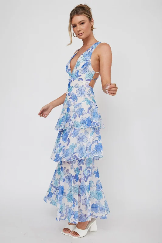 Veda Strappy Back Ruffle Midi Dress Floral Blue