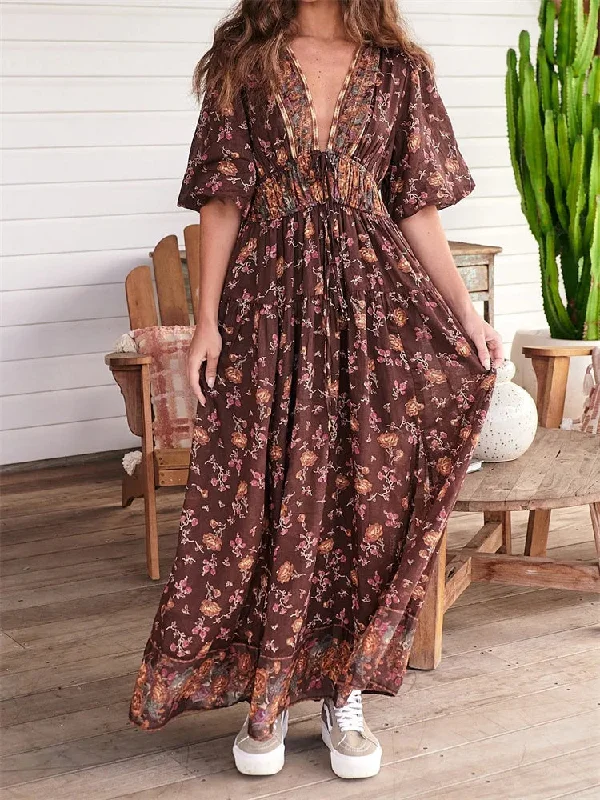 Amy Fashion - Vintage Women Summer Beach  Short Sleeve Deep V Neck Boho Floral Print Party Female Vestidos  New