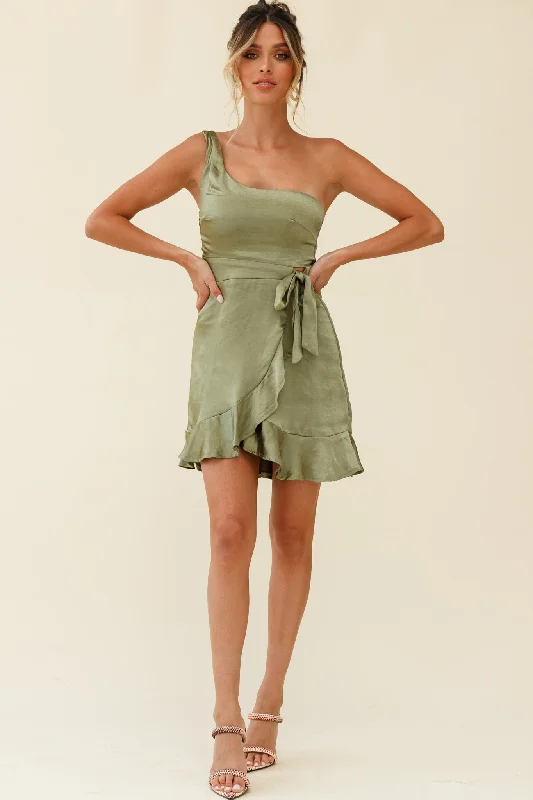 Waiting For Tonight One Shoulder Faux Wrap Dress Olive