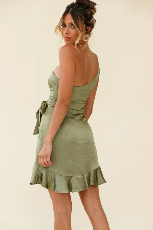 Waiting For Tonight One Shoulder Faux Wrap Dress Olive