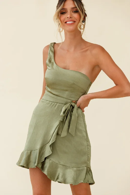 Waiting For Tonight One Shoulder Faux Wrap Dress Olive