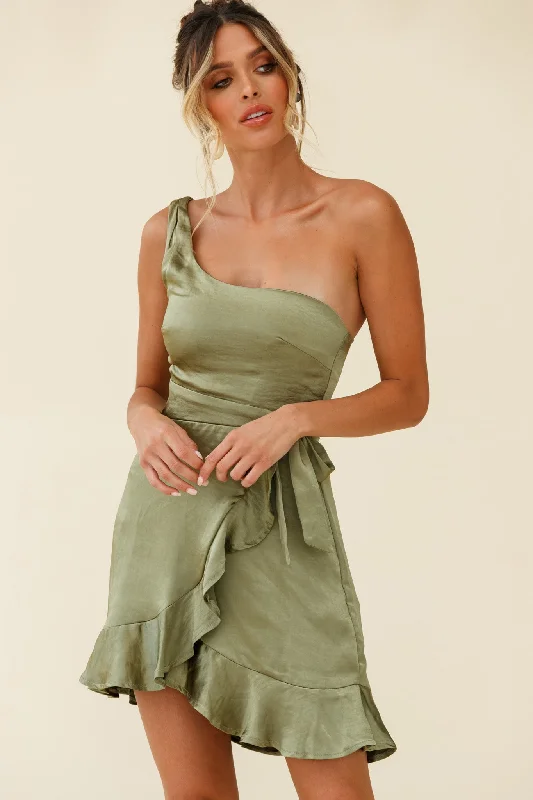 Waiting For Tonight One Shoulder Faux Wrap Dress Olive