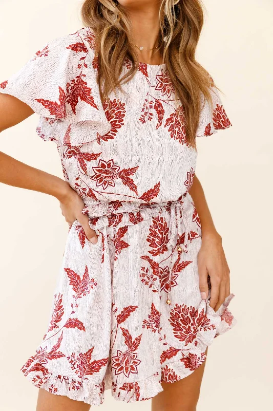 We The Free Shirred Waist Frill Trim Dress Botanic Print White