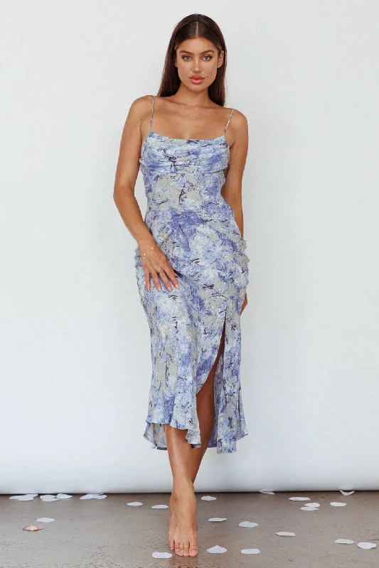 Well Versed Pleated Bust Front Split Dress Marble Print Blue