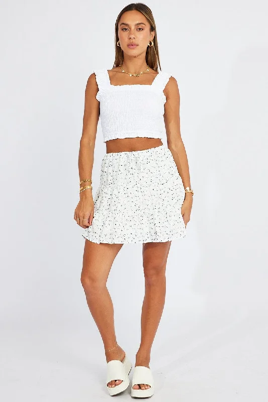 White Ditsy Skater Dress Tiered Mini