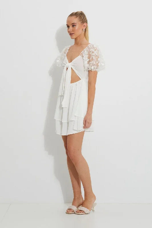 White Embroidered Puff Sleeve Tiered Dress