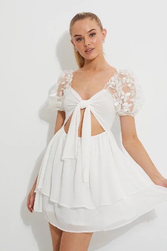 White Embroidered Puff Sleeve Tiered Dress