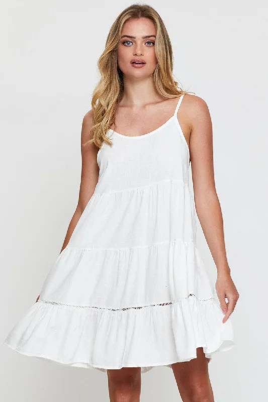 White Fit And Flare Dress Sleeveless Scoop Neck