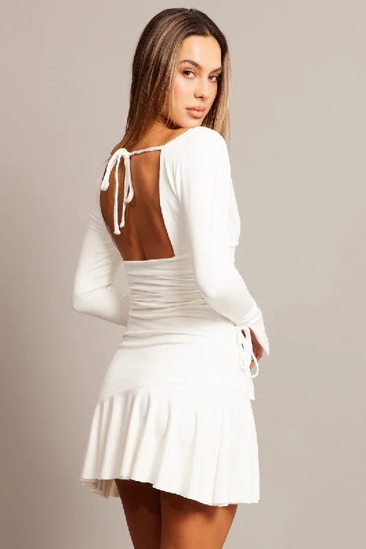 White Flare Sleeve Plunge V Neck Dress