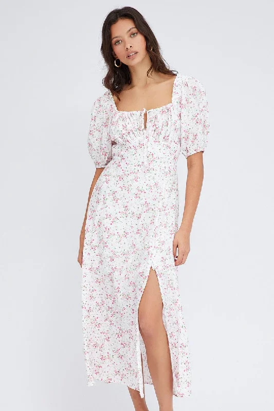 White Floral Midi Dress Short Sleeve Ruched bust