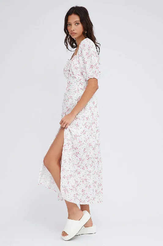 White Floral Midi Dress Short Sleeve Ruched bust