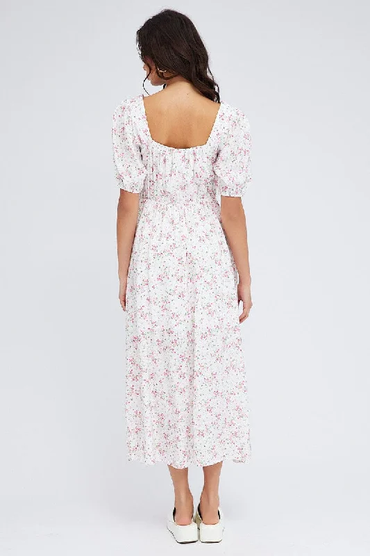 White Floral Midi Dress Short Sleeve Ruched bust