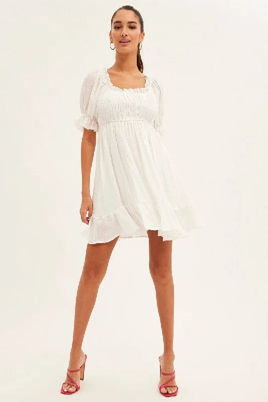 White Gathered Bust Skater Dress