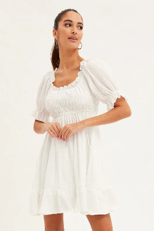 White Gathered Bust Skater Dress