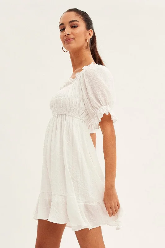 White Gathered Bust Skater Dress