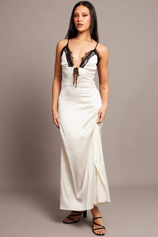 White Maxi Dress Contrast lace Trim Satin Dress