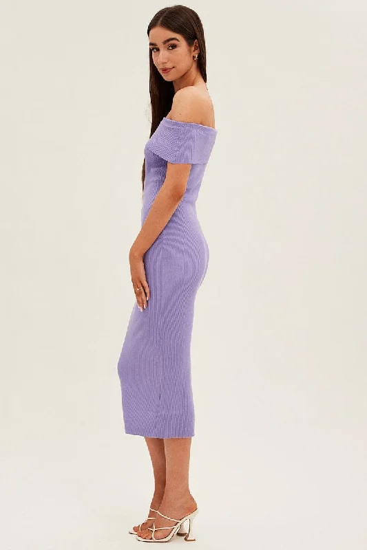 Purple Off Shoulder Dress Knit Bodycon Knit