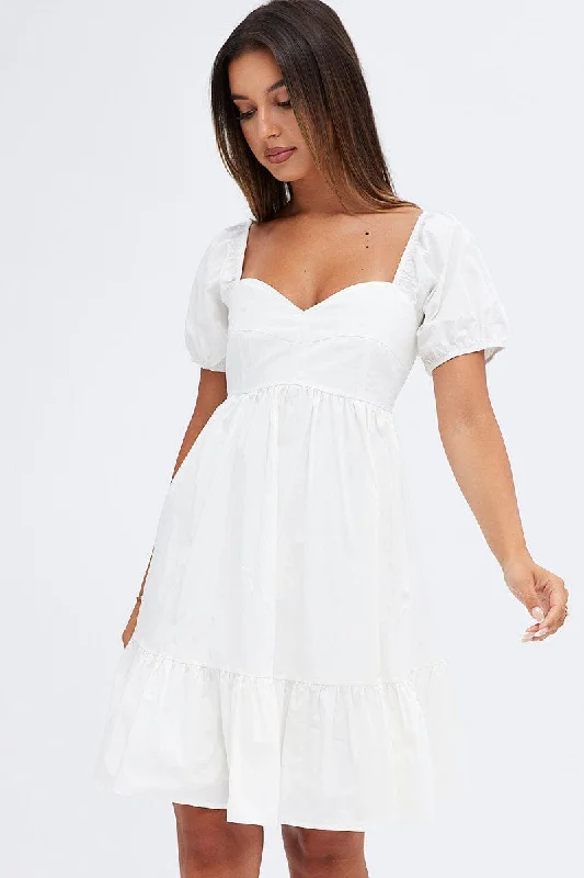 White Short Sleeve Sweetheart Neck Skater Dress