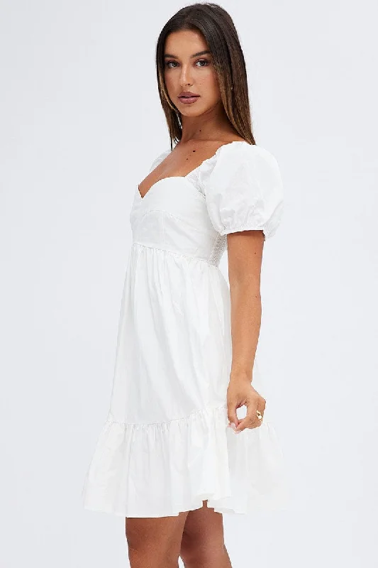 White Short Sleeve Sweetheart Neck Skater Dress