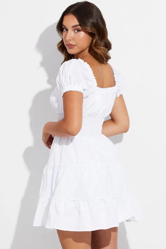 White Skater Dress Short Puff Sleeve V Neck Cotton