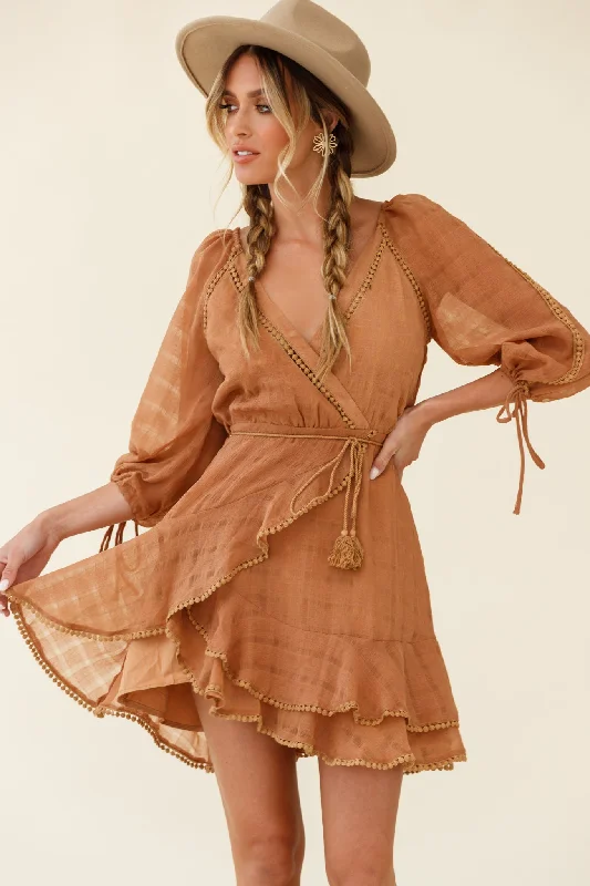 Wilde Balloon Sleeve Crochet Trim Dress Tan