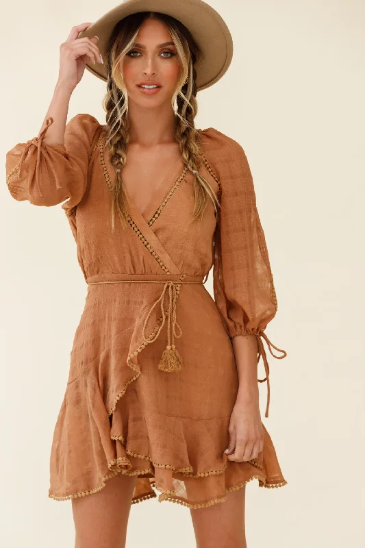 Wilde Balloon Sleeve Crochet Trim Dress Tan