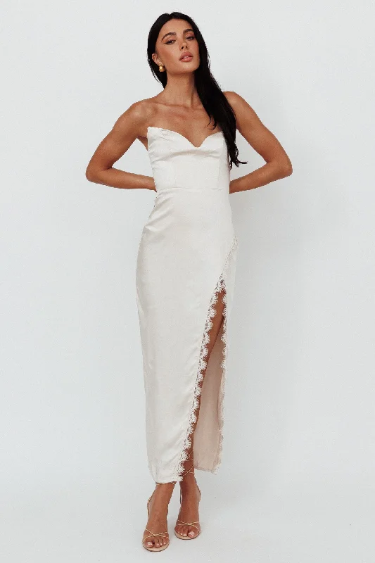 Winter Moon Strapless Lace Trim Midi Dress Champagne