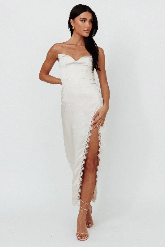 Winter Moon Strapless Lace Trim Midi Dress Champagne