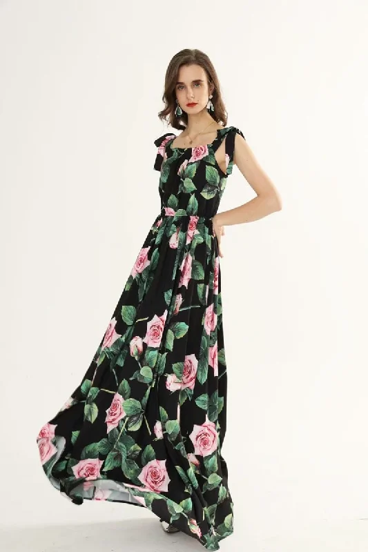 FashionSierra - Printed Ruched Ruffles Fashion Designer Party Long Maxi Dresses