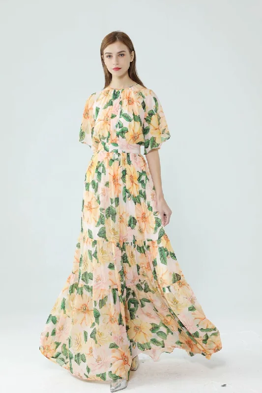 FashionSierra - Short Sleeves Floarl Printed Ruffles High Street Fashion Long Maxi Dresses