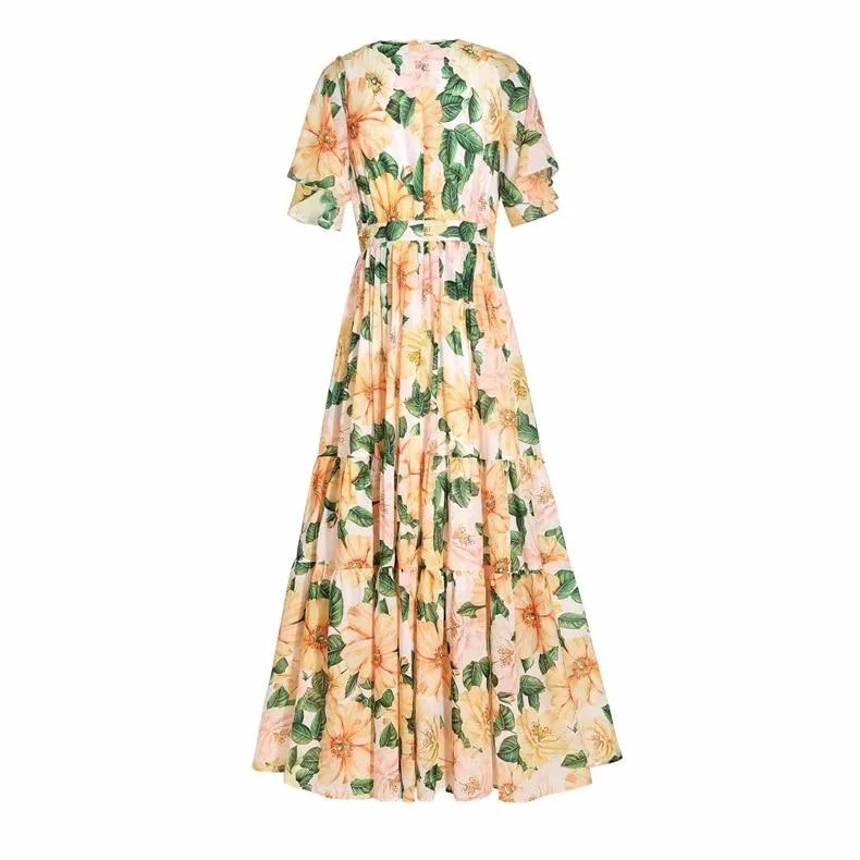 FashionSierra - Short Sleeves Floarl Printed Ruffles High Street Fashion Long Maxi Dresses