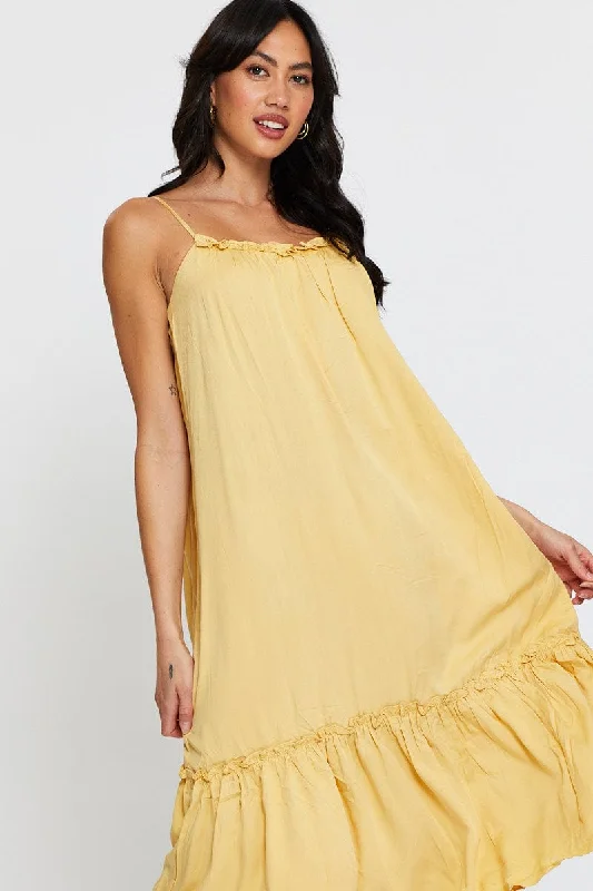 Yellow A Line Dress Sleeveless Midi