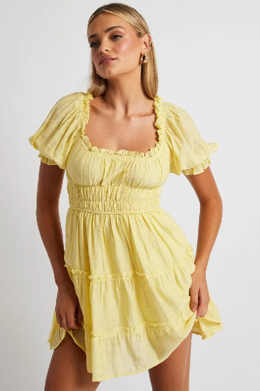 Yellow Fit And Flare Dress Puff Sleeve