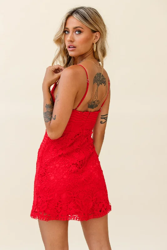 Zahara Lace Overlay Thin Strap Mini Dress Red